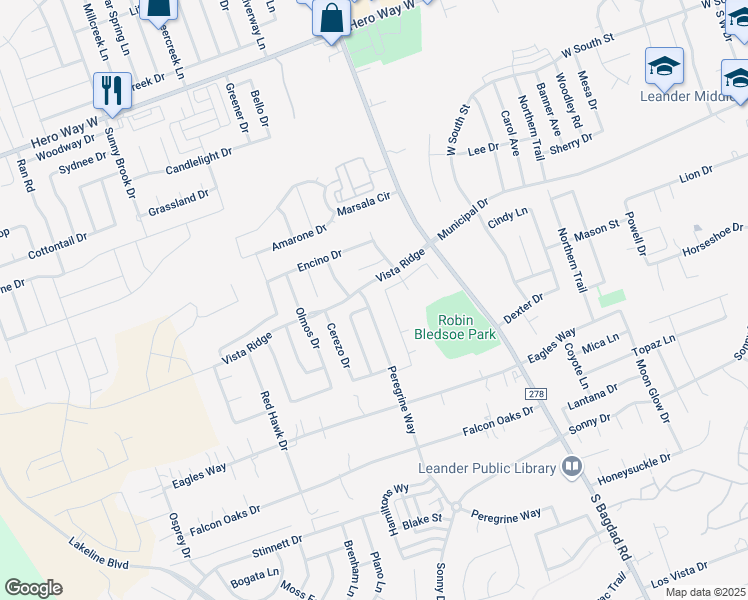 map of restaurants, bars, coffee shops, grocery stores, and more near 512 Peregrine Way in Leander