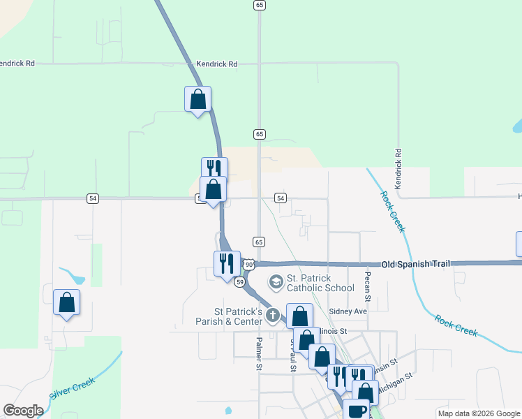 map of restaurants, bars, coffee shops, grocery stores, and more near 23350 County Road 65 in Robertsdale