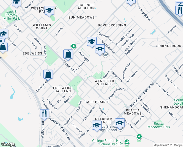 map of restaurants, bars, coffee shops, grocery stores, and more near 3820 Springfield Drive in College Station