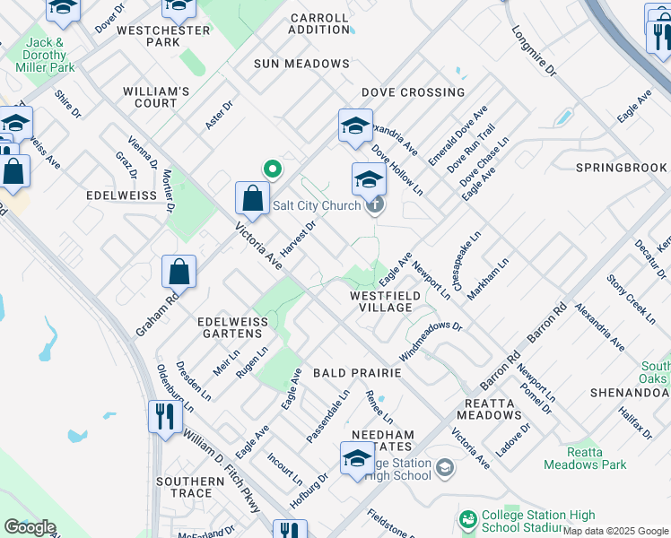 map of restaurants, bars, coffee shops, grocery stores, and more near 3820 Springfield Drive in College Station