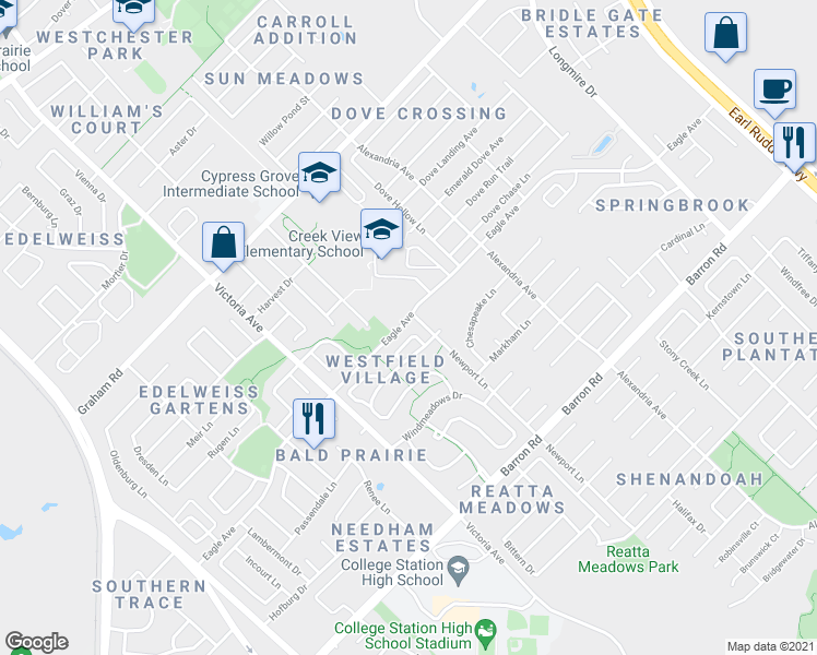 map of restaurants, bars, coffee shops, grocery stores, and more near 1023 Fallbrook Loop in College Station