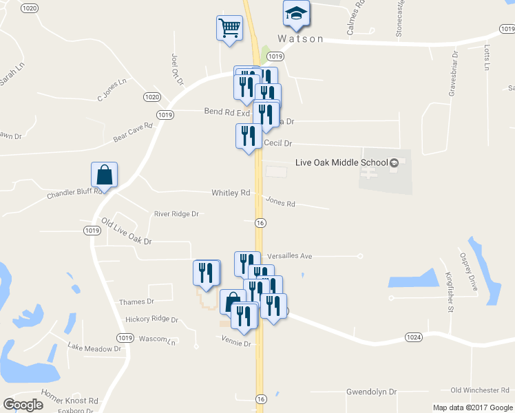 map of restaurants, bars, coffee shops, grocery stores, and more near 34287 Louisiana 16 in Denham Springs