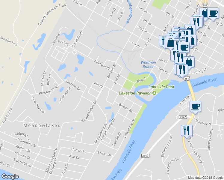 map of restaurants, bars, coffee shops, grocery stores, and more near 2104 Colorado Drive in Marble Falls