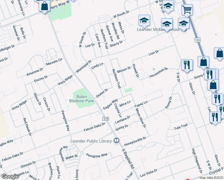 map of restaurants, bars, coffee shops, grocery stores, and more near 904 Dexter Drive in Leander