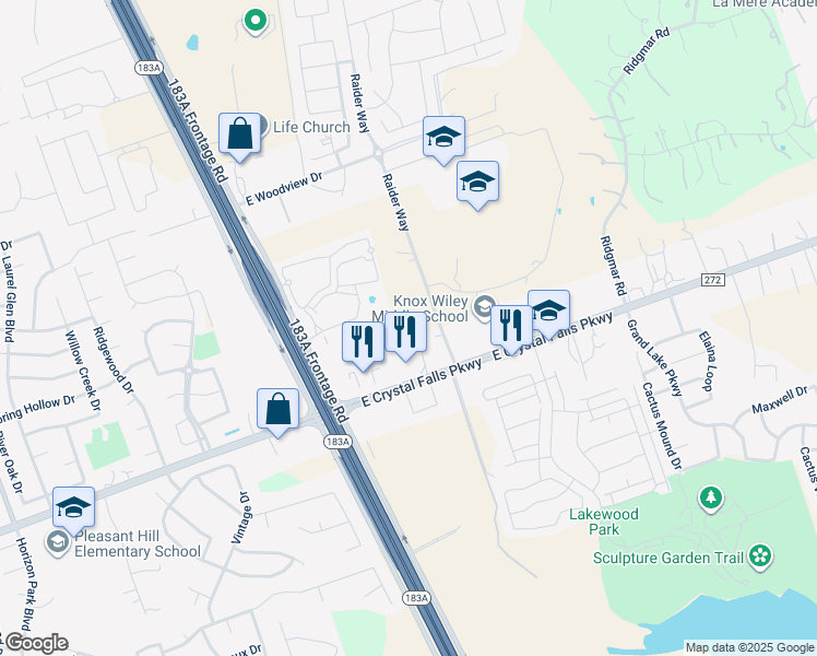 map of restaurants, bars, coffee shops, grocery stores, and more near 10749 East Crystal Falls Parkway in Leander