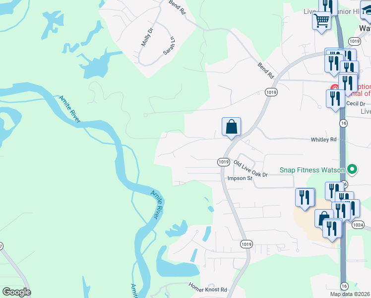 map of restaurants, bars, coffee shops, grocery stores, and more near 7128 Chandler Bluff Road in Denham Springs