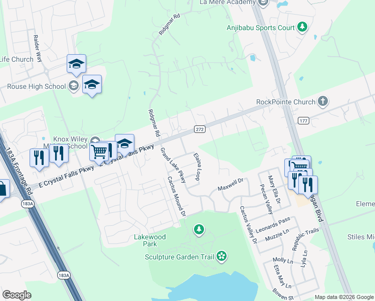 map of restaurants, bars, coffee shops, grocery stores, and more near 1816 Elaina Loop in Leander