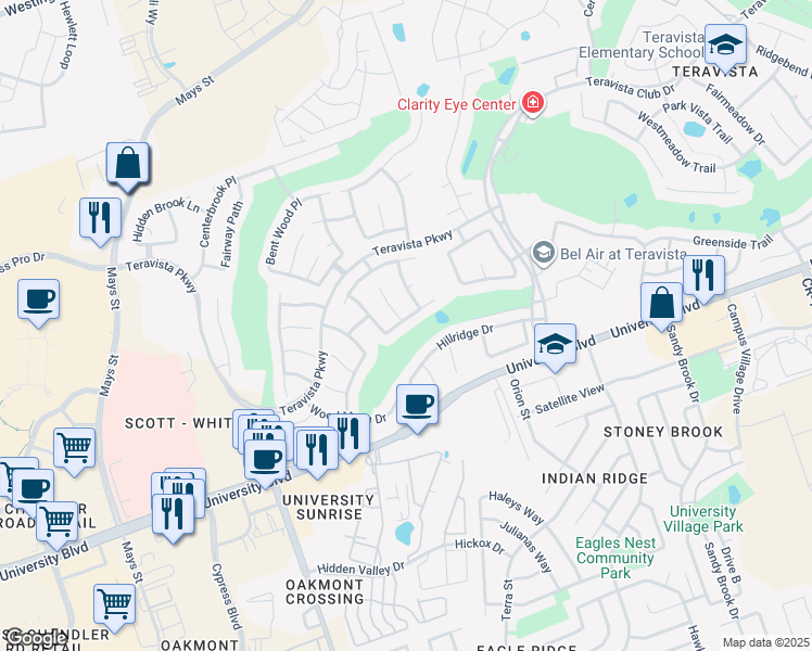 map of restaurants, bars, coffee shops, grocery stores, and more near 4101 Hidden View Court in Round Rock