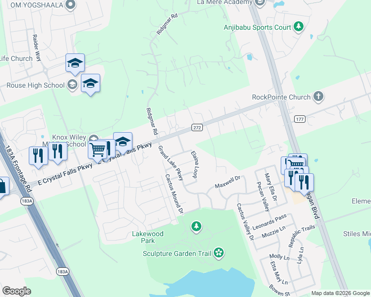 map of restaurants, bars, coffee shops, grocery stores, and more near 1816 Elaina Loop in Leander