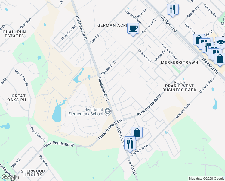 map of restaurants, bars, coffee shops, grocery stores, and more near Oak Crest in College Station