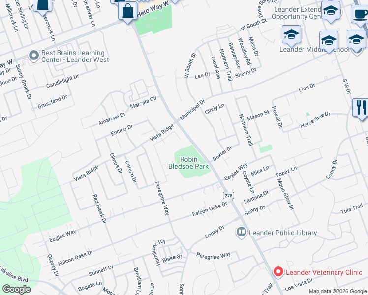 map of restaurants, bars, coffee shops, grocery stores, and more near 517 County Road 278 in Leander