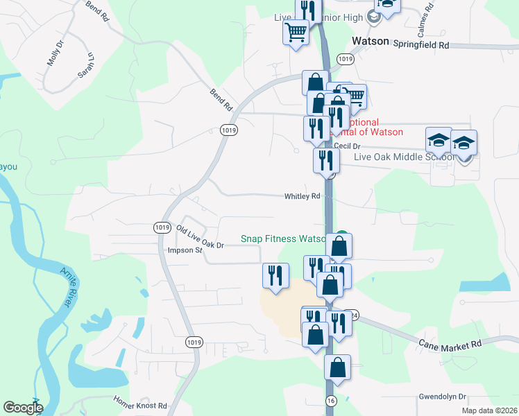 map of restaurants, bars, coffee shops, grocery stores, and more near 7715 River Ridge Drive in Denham Springs
