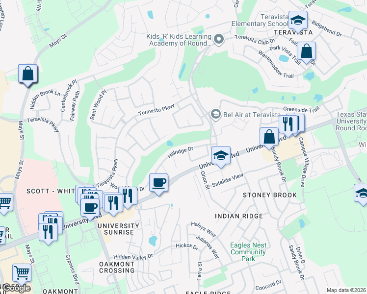 map of restaurants, bars, coffee shops, grocery stores, and more near 1302 Hillridge Drive in Round Rock