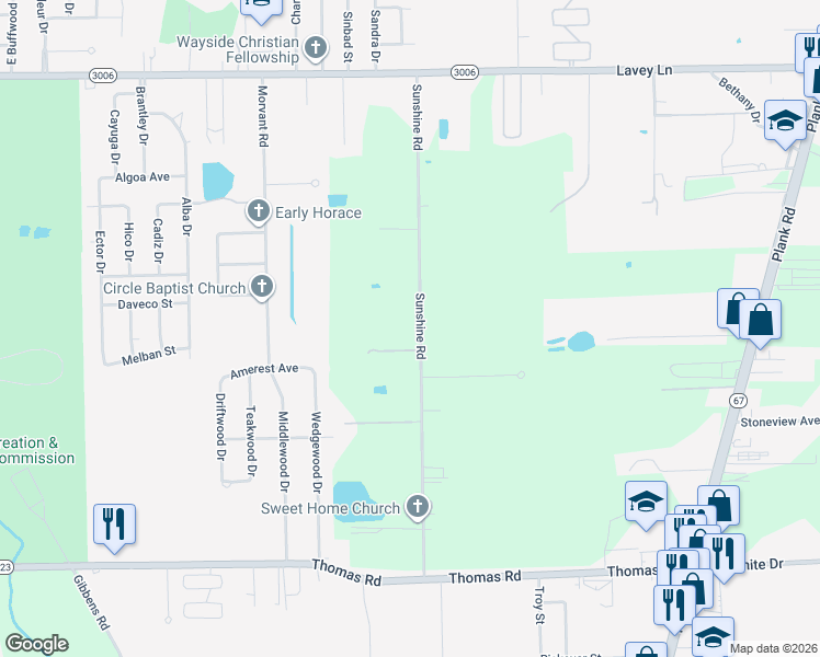map of restaurants, bars, coffee shops, grocery stores, and more near 13169 Sunshine Road in Baton Rouge