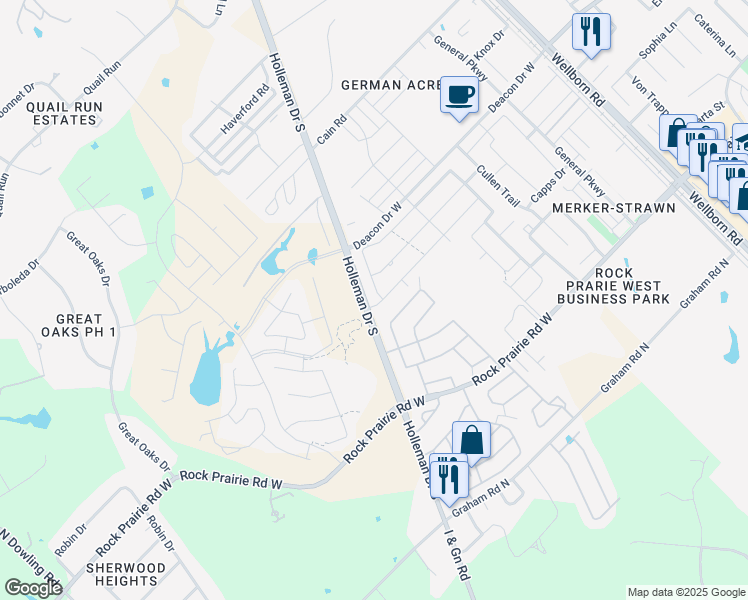 map of restaurants, bars, coffee shops, grocery stores, and more near 2834 Papa Bear Drive in College Station