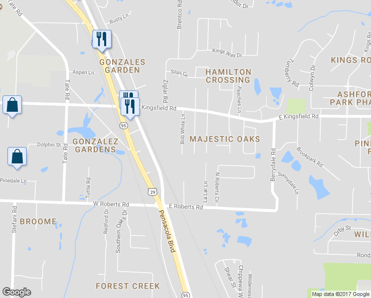 map of restaurants, bars, coffee shops, grocery stores, and more near 2334 Bob White Lane in Pensacola