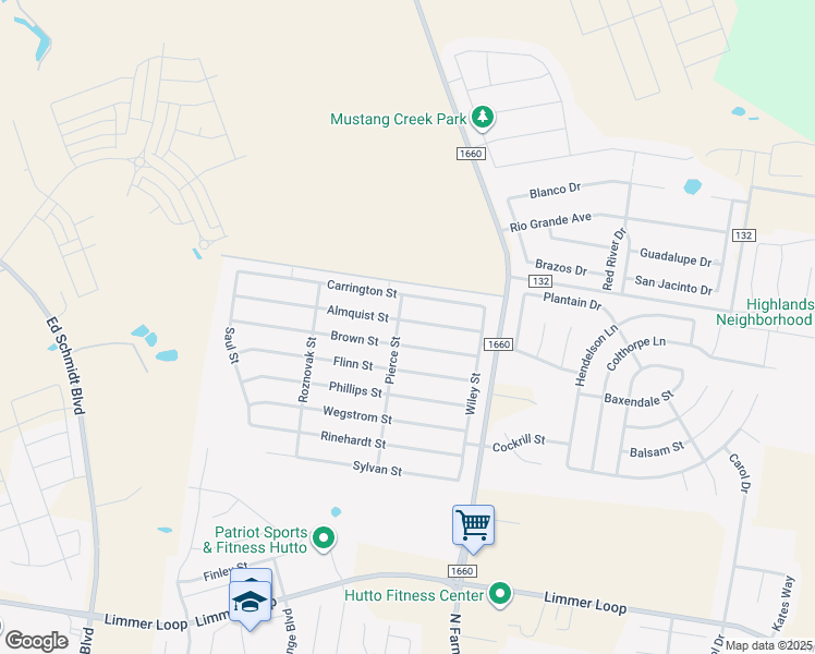 map of restaurants, bars, coffee shops, grocery stores, and more near 127 Almquist Street in Hutto