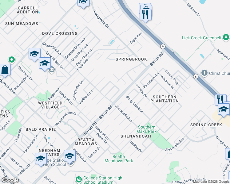 map of restaurants, bars, coffee shops, grocery stores, and more near 1317 Mullins Loop South in College Station