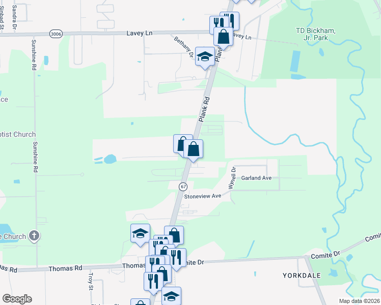 map of restaurants, bars, coffee shops, grocery stores, and more near 13111 Plank Road in Baker