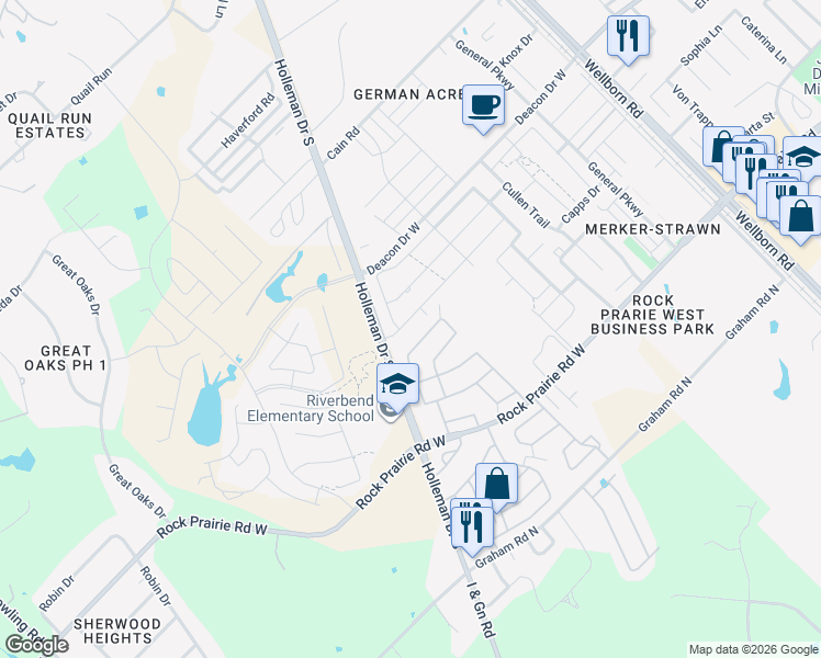 map of restaurants, bars, coffee shops, grocery stores, and more near Oak Crest in College Station