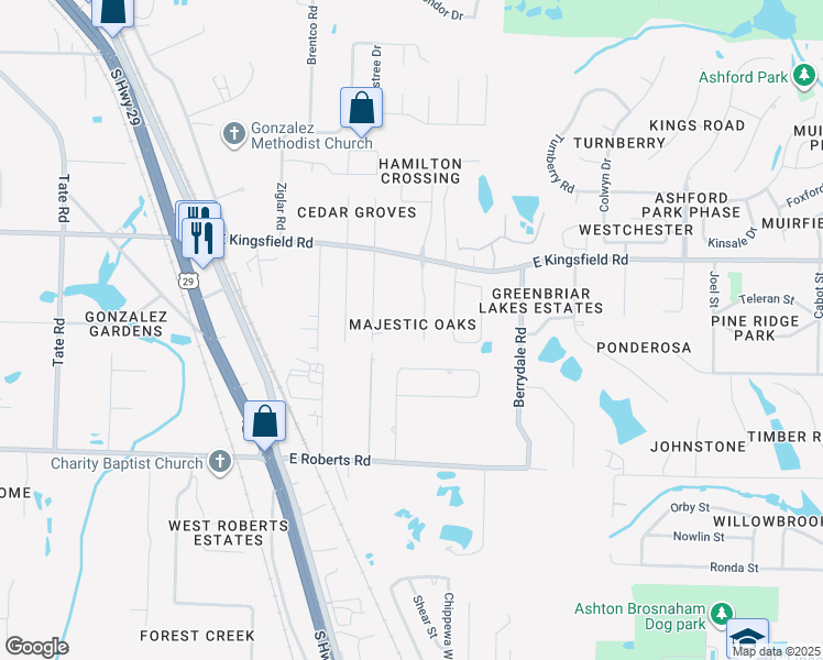map of restaurants, bars, coffee shops, grocery stores, and more near 205 Majestic Court in Pensacola