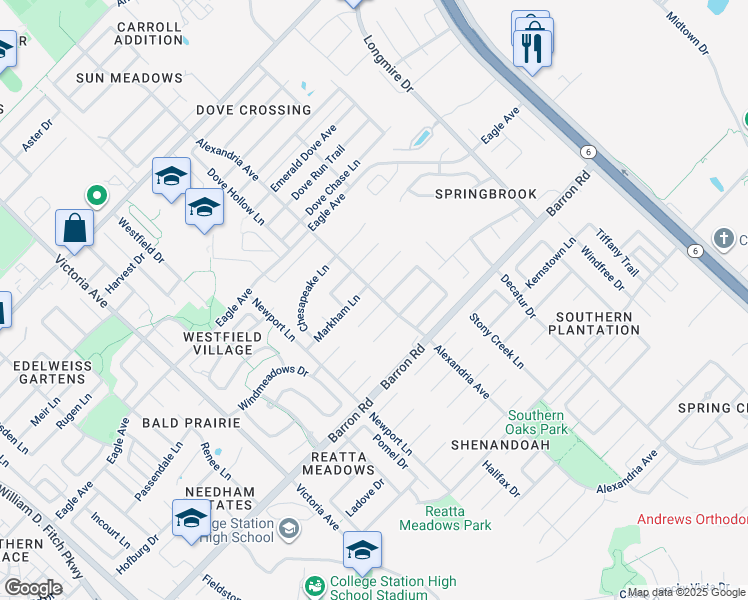 map of restaurants, bars, coffee shops, grocery stores, and more near 1217 Mullins Court in College Station