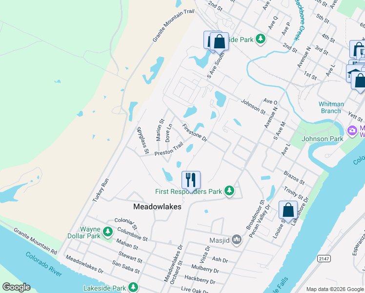 map of restaurants, bars, coffee shops, grocery stores, and more near 109 Preston Trail in Meadowlakes
