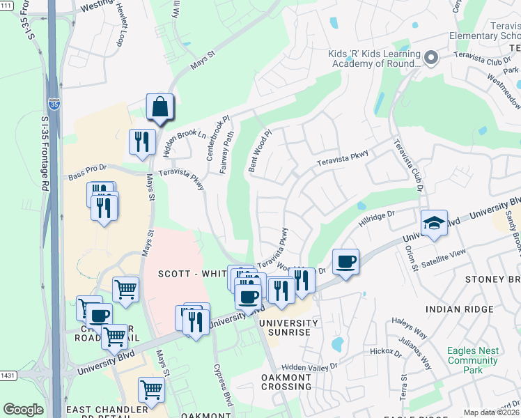 map of restaurants, bars, coffee shops, grocery stores, and more near 702 Old Ravine Court in Round Rock