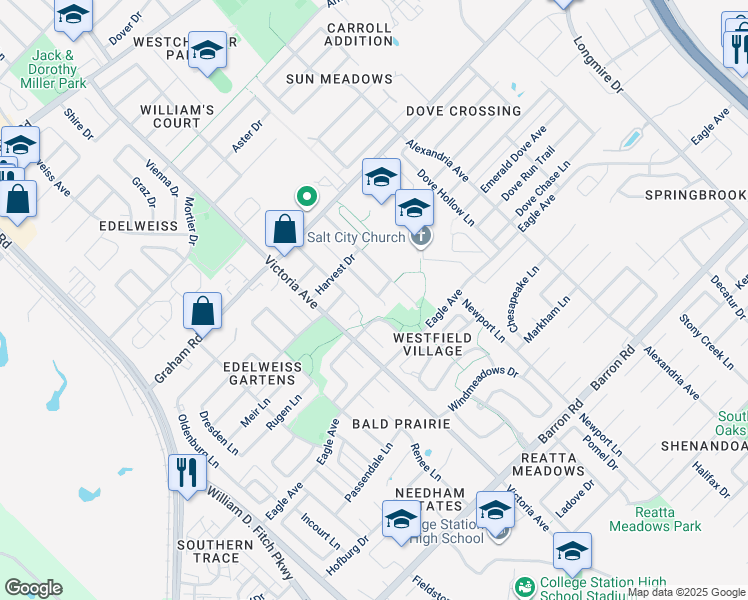 map of restaurants, bars, coffee shops, grocery stores, and more near 3820 Springfield Drive in College Station