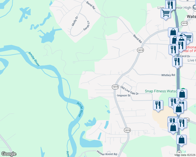 map of restaurants, bars, coffee shops, grocery stores, and more near 7128 Chandler Bluff Road in Denham Springs
