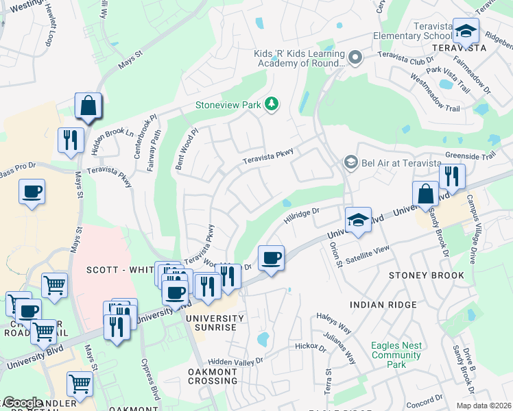 map of restaurants, bars, coffee shops, grocery stores, and more near 4101 Hidden View Court in Round Rock