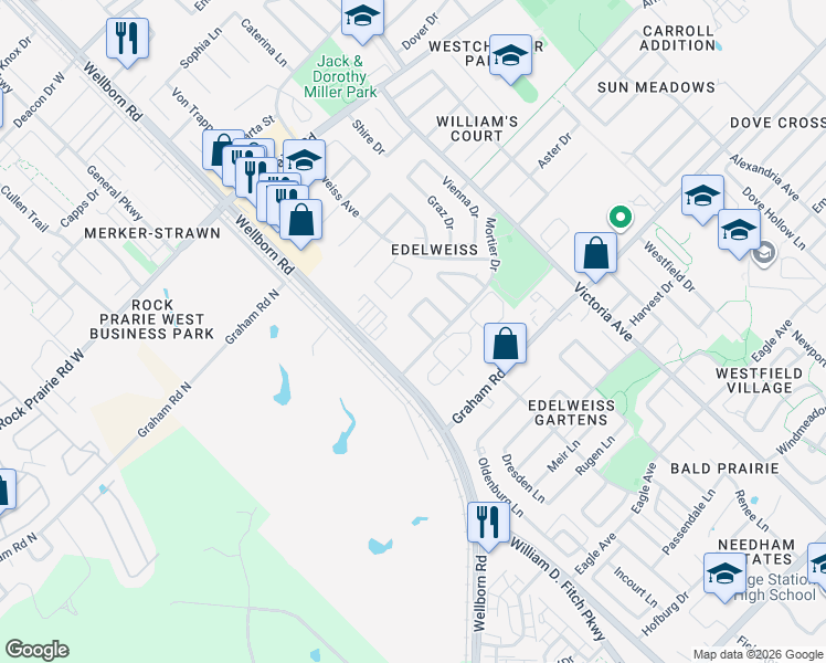 map of restaurants, bars, coffee shops, grocery stores, and more near 3743 Marielene Circle in College Station