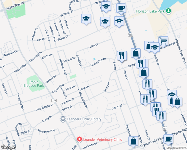 map of restaurants, bars, coffee shops, grocery stores, and more near 601 Kaluga Trail in Leander
