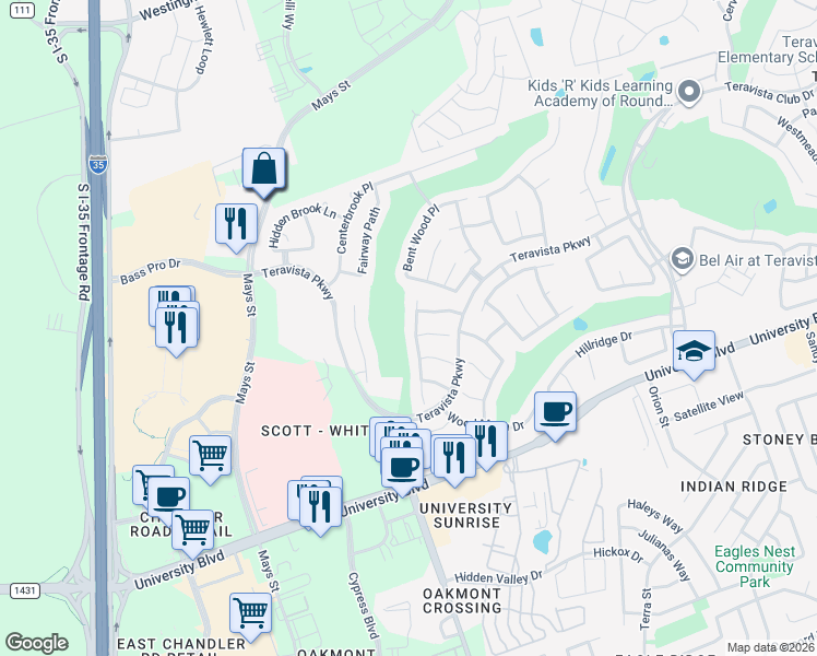 map of restaurants, bars, coffee shops, grocery stores, and more near 4204 Green Vista Place in Round Rock