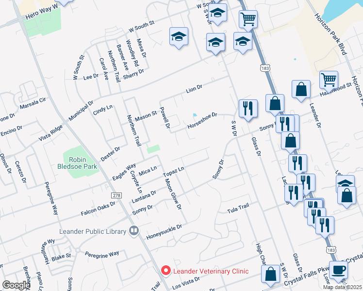 map of restaurants, bars, coffee shops, grocery stores, and more near 702 Horseshoe Drive in Leander