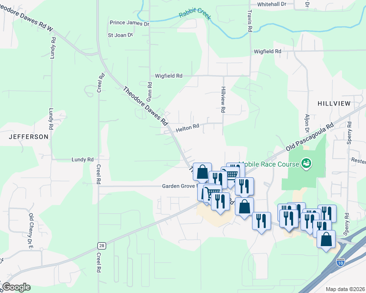map of restaurants, bars, coffee shops, grocery stores, and more near 7500 Theodore Dawes Road in Theodore