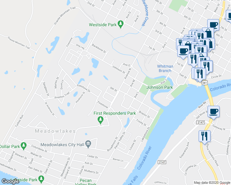 map of restaurants, bars, coffee shops, grocery stores, and more near 1401 Colorado Drive in Marble Falls