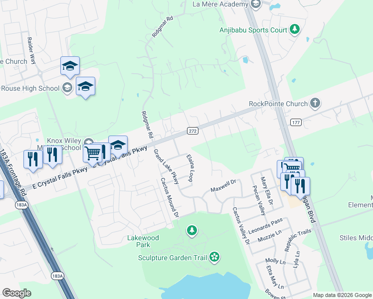 map of restaurants, bars, coffee shops, grocery stores, and more near 1816 Elaina Loop in Leander