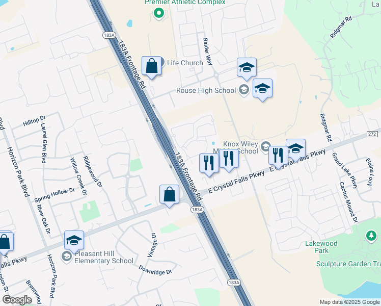 map of restaurants, bars, coffee shops, grocery stores, and more near 183A in Leander