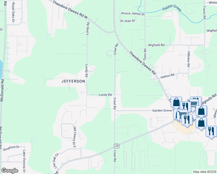 map of restaurants, bars, coffee shops, grocery stores, and more near 6090 Lundy Road in Theodore
