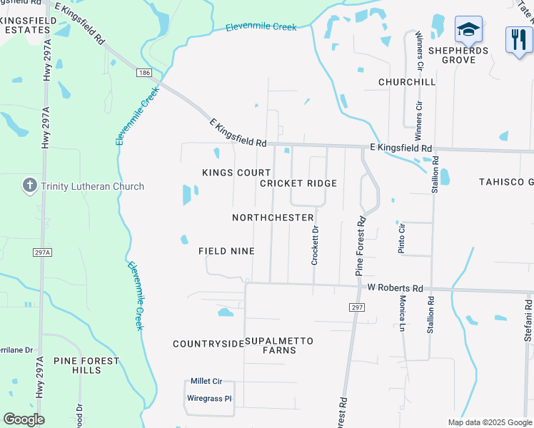 map of restaurants, bars, coffee shops, grocery stores, and more near 2401 Ryale Road in Cantonment