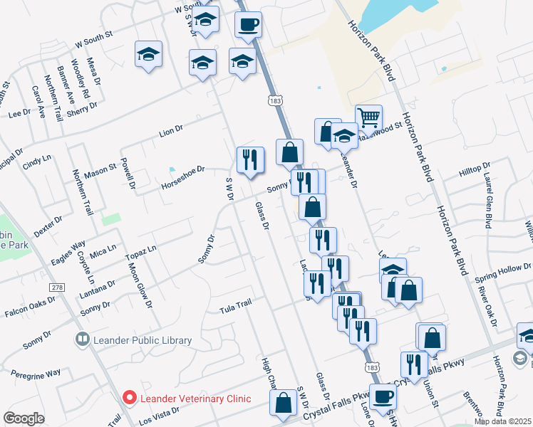 map of restaurants, bars, coffee shops, grocery stores, and more near 806 Glass Drive in Leander