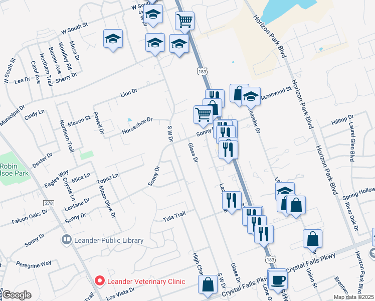map of restaurants, bars, coffee shops, grocery stores, and more near 806 Glass Drive in Leander