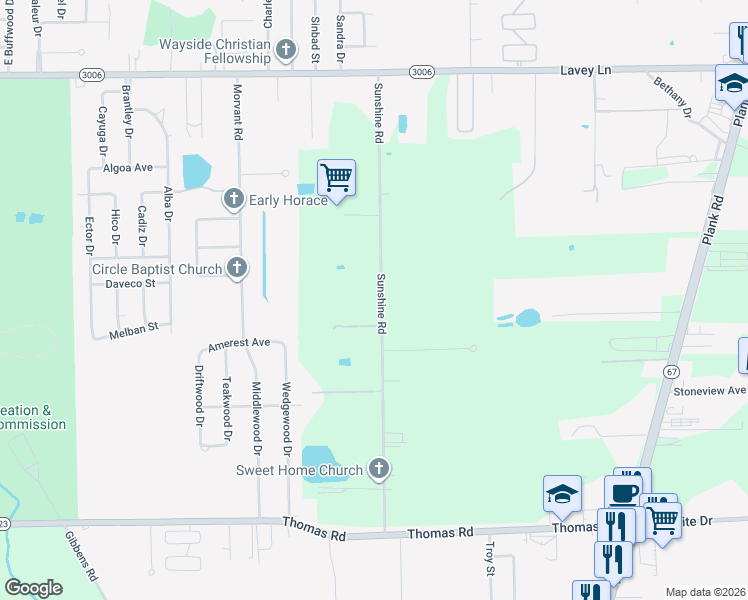 map of restaurants, bars, coffee shops, grocery stores, and more near 13169 Sunshine Road in Baton Rouge