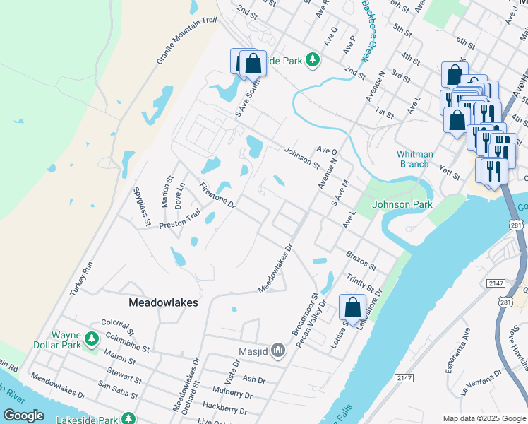 map of restaurants, bars, coffee shops, grocery stores, and more near 301 Limestone Street in Marble Falls