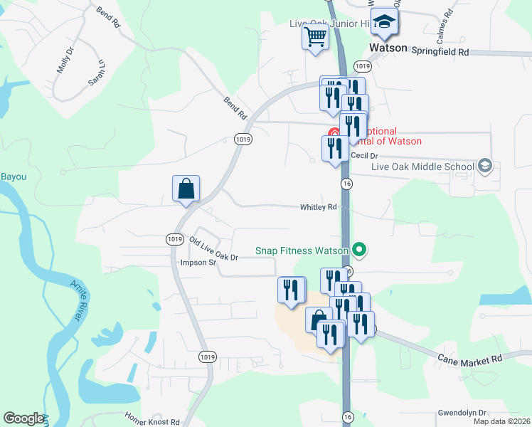 map of restaurants, bars, coffee shops, grocery stores, and more near 7715 River Ridge Drive in Denham Springs