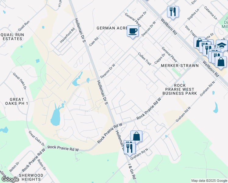 map of restaurants, bars, coffee shops, grocery stores, and more near Oak Crest in College Station