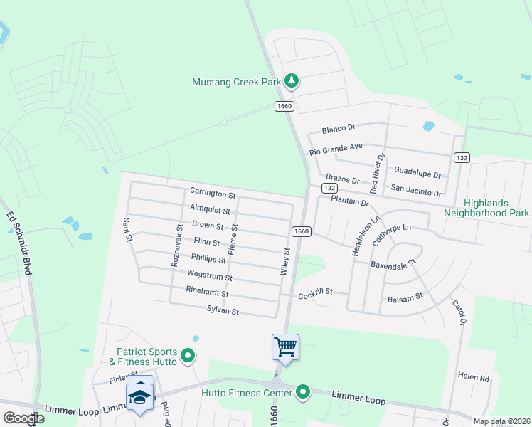 map of restaurants, bars, coffee shops, grocery stores, and more near 112 Almquist Street in Hutto