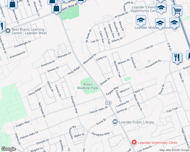 map of restaurants, bars, coffee shops, grocery stores, and more near 600 South Bagdad Road in Leander