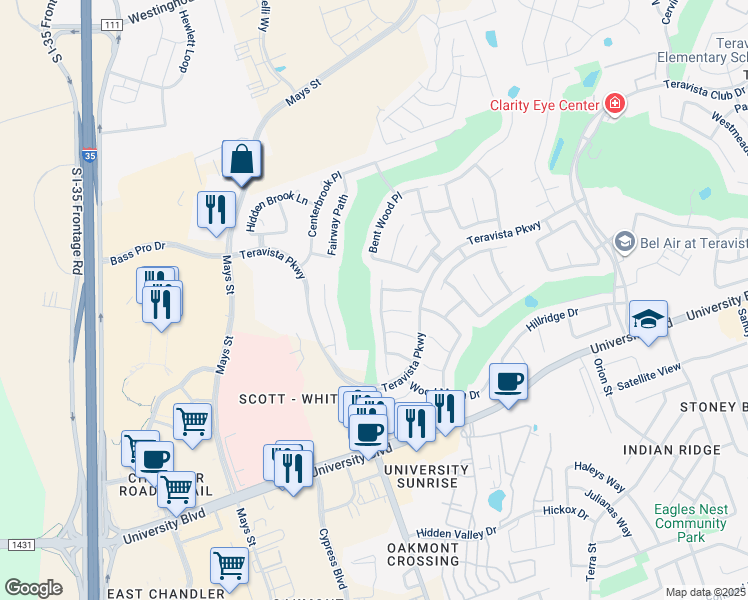 map of restaurants, bars, coffee shops, grocery stores, and more near 4206 Green Vista Place in Round Rock
